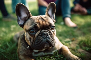 Fototapeta premium A cute French bulldog is laying on the lawn with her owner, playing. Generative AI