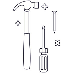 Hammer and Nails Toolkit 2D Outline Illustrations