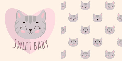 Cute pattern with a kitten vector