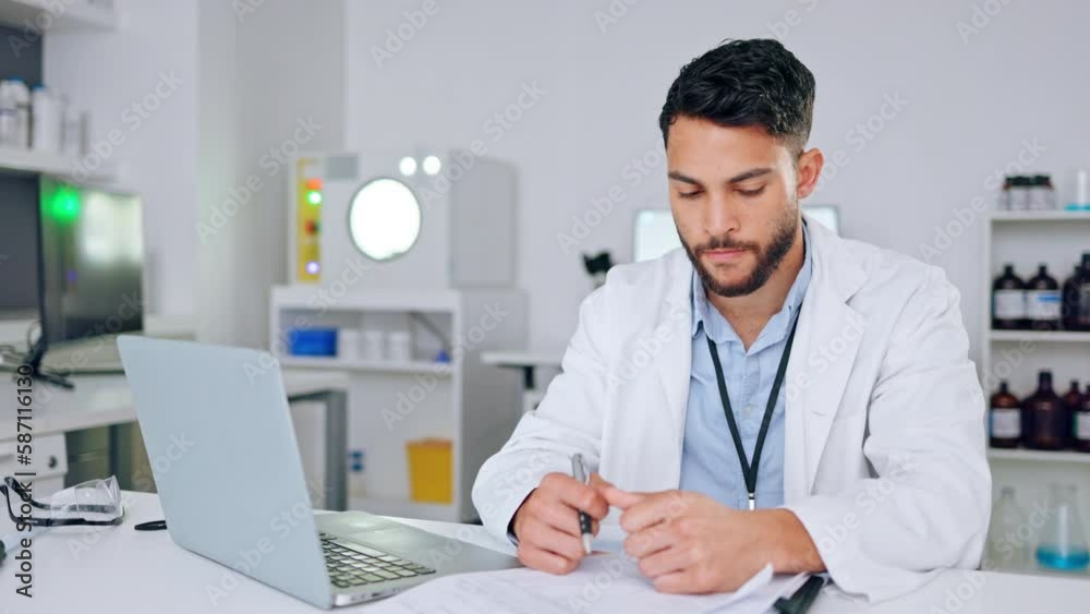 Poster Frustrated, angry and stressed scientist hitting his laptop in anger after getting bad test results in a lab. Medical worker and researcher depresed and upset after a failure in science experiment