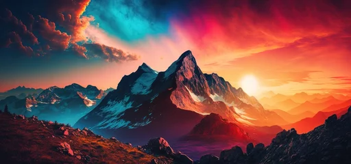 Tuinposter Stunning alpine scenery, set against a brilliant sunset and a beautiful sky. experiences in the outdoors as a matter of course Generative AI © LukaszDesign