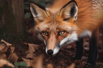 Fototapeta premium Gorgeous red fox peeks and looks around. Generative AI