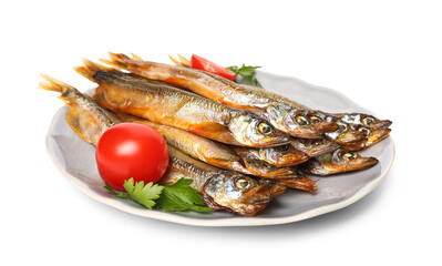 Plate with delicious smoked capelin, tomatoes and parsley isolated on white background