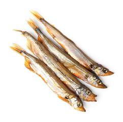 Delicious smoked capelin isolated on white background