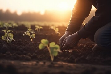 Male hands touching soil on the field during sunset. Farmer is checking soil quality before sowing Generative AI