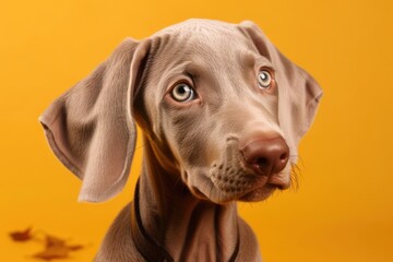 Fototapeta premium On a yellow background, an adorable Weimaraner puppy is depicted. Generative AI