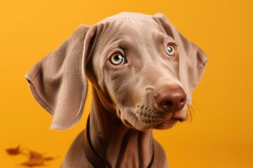 On a yellow background, an adorable Weimaraner puppy is depicted. Generative AI