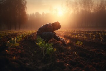 Fototapeta premium Male hands touching soil on the field during sunset. Farmer is checking soil quality before sowing Generative AI