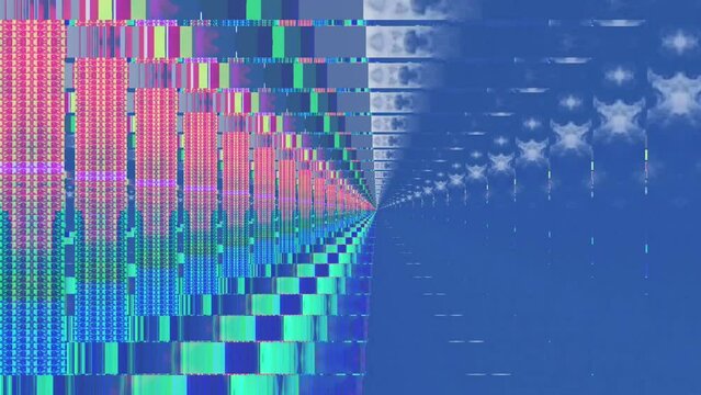 Sky glitch infinite recursive rectangle space fractals vj music background visual, seamless loop, endless animation colorful sky blue and pink fractals