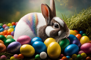 easter bunny and colorful eggs. generative ai