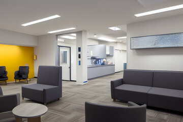 Waiting area in a hospital with modern minimalist interior design. Generative AI