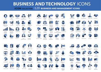 Fototapeta na wymiar 120 Business and management icon set. Icons for leadership, teamwork, job and work, statistics, analytics and advertising. Flat vector illustration. Blue icon for business collection
