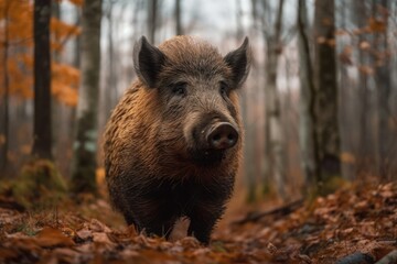 Naklejka na ściany i meble Free ranging wild boar in a Canadian province of Quebec woodland. Generative AI