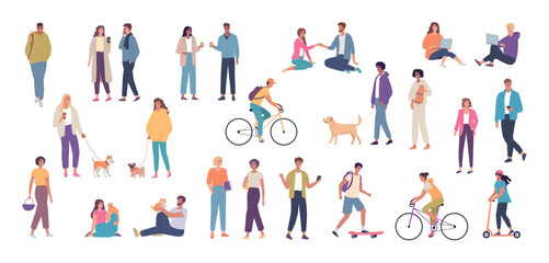 Different people meet, walk, talk, play with pets, ride bikes - Powered by Adobe