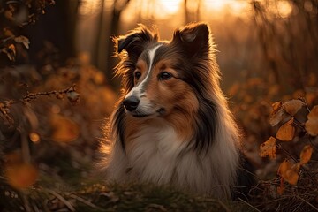 Naklejka premium Shetland Sheepdog resting in front of a sunset. Generative AI