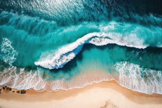 Blue Ocean Waves Washing Up On A Sandy Beach, Seen From Above. Generative AI