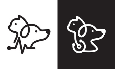 stethoscope pets logo. dog cat design vector. linear style. health animals concept symbol icon illustration.