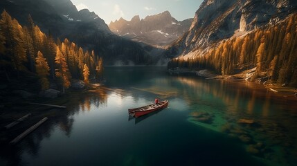 serene mountain lake surrounded by towering peaks, with a small boat drifting in the calm waters
