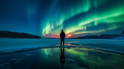 standing at the edge of a frozen lake with northern lights dancing in the sky