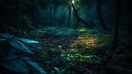 fireflies glowing in a dark forest