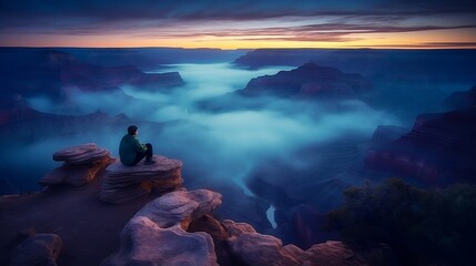 A person sitting on the edge of a cliff gazing out over a vast canyon filled with swirling fog, during the blue hour just after sunset
