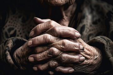 Close up of male wrinkled hands, old man is wearing. generative ai.