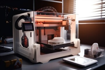 Electronic three dimensional plastic printer during work , 3D , printing. Generative ai.