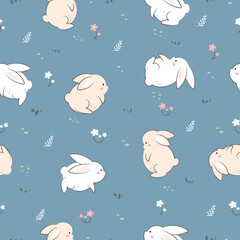 Seamless pattern with kawaii cute rabbit on blue background. Vector illustration. Design for fabric, textile, kids collection, wallpaper, wrapping
