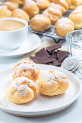 Profiteroles with whipped cream and chocolate filling, covered with icing sugar, vertical