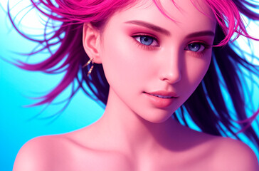 Beautiful bright woman. Model with expressive appearance. Generative AI.