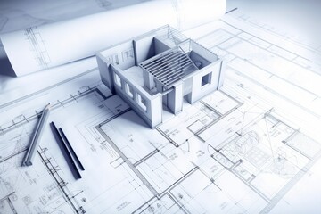 Fototapeta na wymiar Plan and sketch of a modern detached house arhitect blueprint. Generative ai.