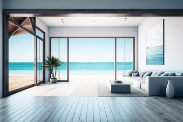 Fototapeta na wymiar Sea view empty large living room of luxury summer beach house with swimming pool near wooden terrace. Big white wall background in vacation home or holiday villa. Generative ai.