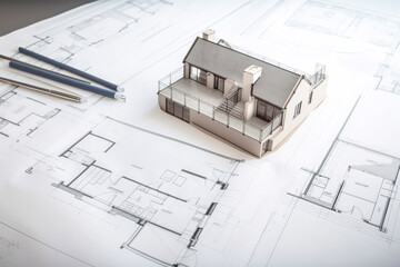 Plan and sketch of a modern detached house arhitect blueprint. Generative ai.