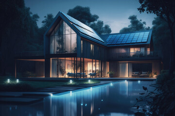 Night view of a beautiful modern house with solar panels and a swimming pool. Generative ai.