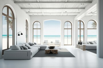 empty large living room of luxury summer beach house. Big white wall background in vacation home or holiday villa. Generative ai.