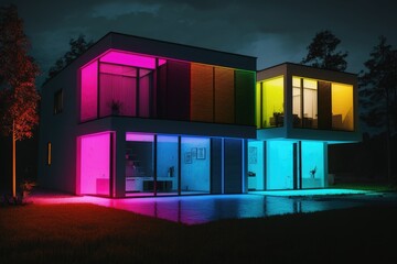 Modern villa with colored led lights at night. Generative ai.