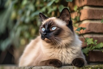 On a beautiful fall day, a Siamese Longhair cat relaxes on a brick fence with green thujas in the backdrop. Generative AI