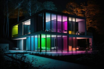 Obraz premium Modern villa with colored led lights at night. Generative ai.