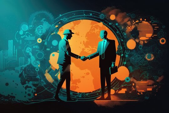 Business Two Persons Full Body Handshake On Finance Prosperity And Money Technology Asset Background. Illustration. Generative Ai.