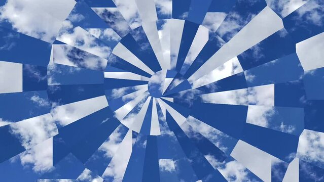 Sky glitch spiralling spinning tornado surreal cyclone of blue sky and colorful fractals, texture background animation for vj, dj music visualizer