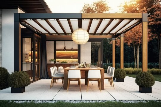 Modern patio furniture include a pergola shade structure, an awning, a patio roof, a dining table, seats, and a metal grill. Generative ai.