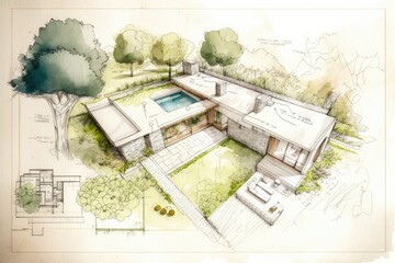 Plan and sketch of a modern detached house with swimming pool and garden. Generative ai.