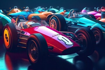 multiple race cars lined up on a track. Generative AI