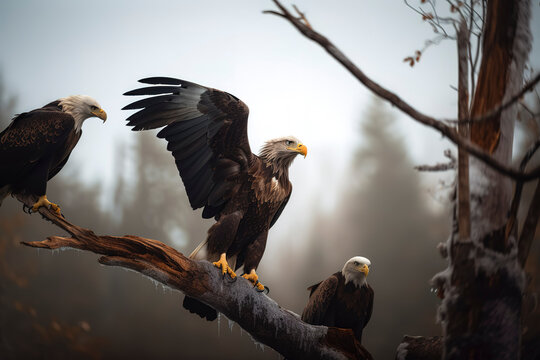 a beautiful photography of a eagles are perched on a tree branch