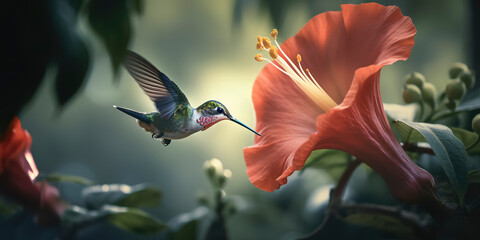 a beautiful photography of a majestic hummingbird feeding on an hibiscus flower