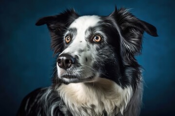 A photograph of a black and white dog. Toward the camera against a blue hardwood background. Studio capture. Generative AI