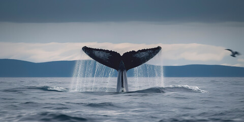 A humpback whale raises its powerful tail above the ocean water. The whale is spraying water