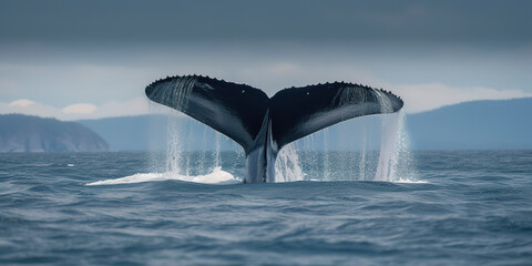 A humpback whale raises its powerful tail above the ocean water. The whale is spraying water