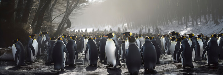 a majestic photography of a group of penguins - obrazy, fototapety, plakaty