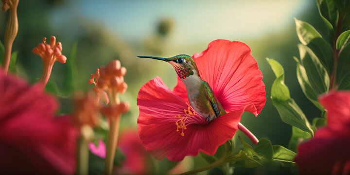 a beautiful photography of a majestic hummingbird feeding on an hibiscus flower